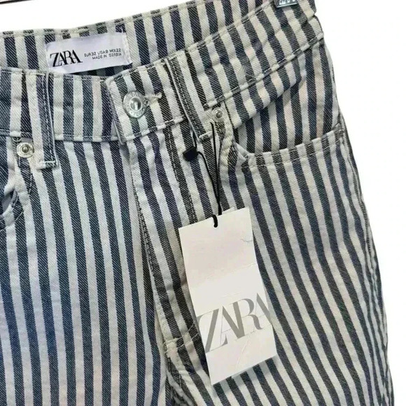 NWT - Zara Navy and Cream Stripe Flare Jeans - Size 0 - Picture 2 of 3